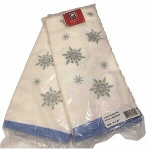 Living Quarters Winter Silver Embroidered Snowflake Hand Towels 2 PCs 16” X 26”